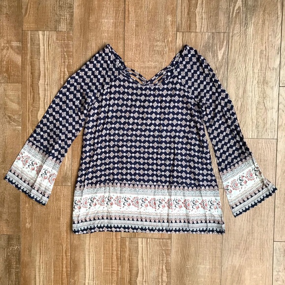 Full Tilt NWOT • Bell Sleeve Boho Navy Blue Blouse - Picture 1 of 9